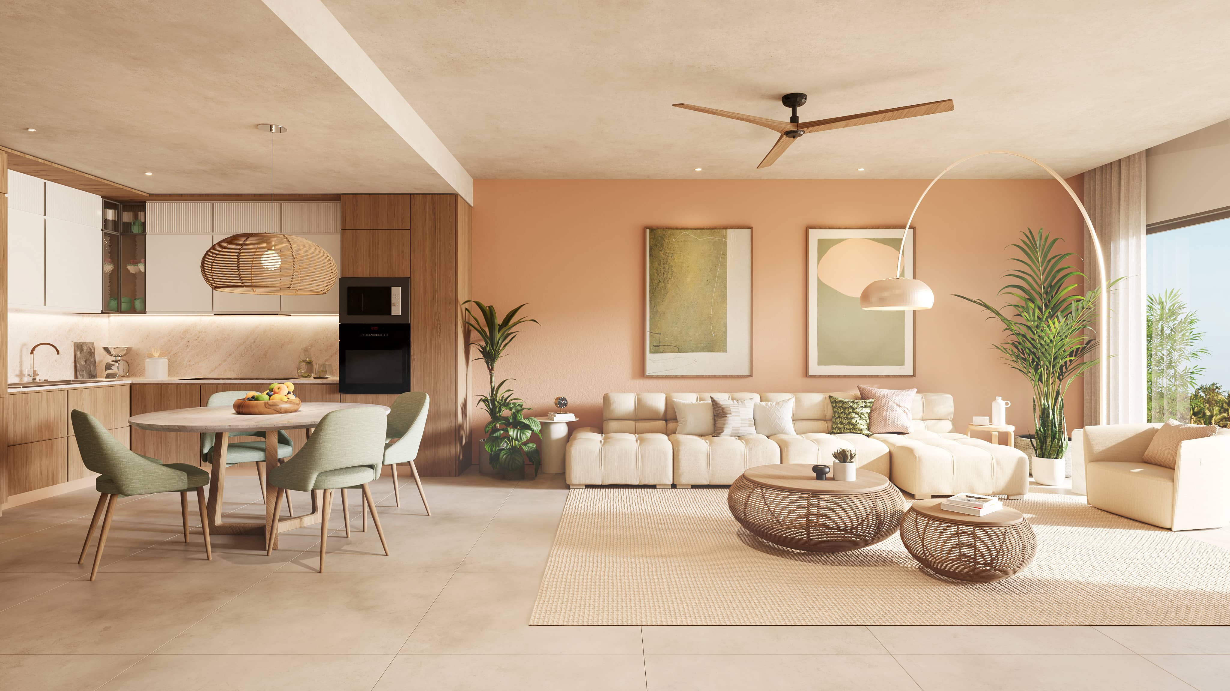 Sala de estar de The Gem con sofá modular y vistas panorámicas al campo de golf